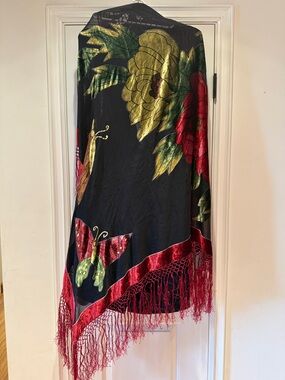 Vintage Velvet Burnout Shawl Wrap Floral Butterfly Fringe Boho Romantic